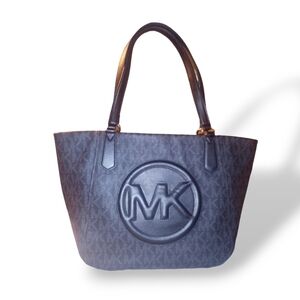 Michael Kors Large Signature Black Leather Tote Handbag Embossed Initials